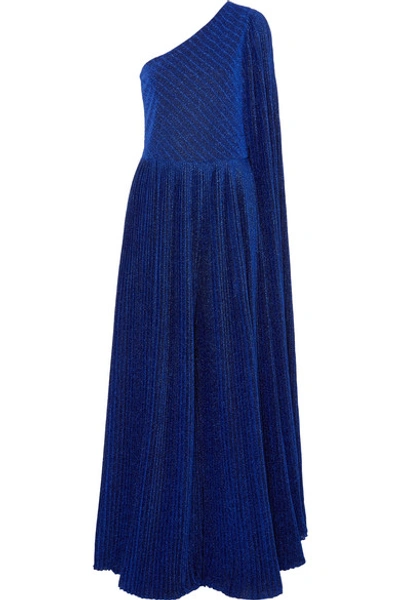 Shop Semsem One-shoulder Pleated Metallic Stretch-knit Jumpsuit In Royal Blue