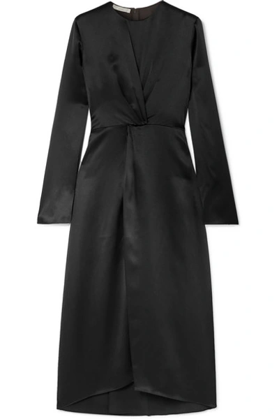 Shop Vince Gathered Silk-satin Midi Dress In Black