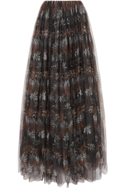 Shop Brunello Cucinelli Pleated Printed Tulle Maxi Skirt In Black