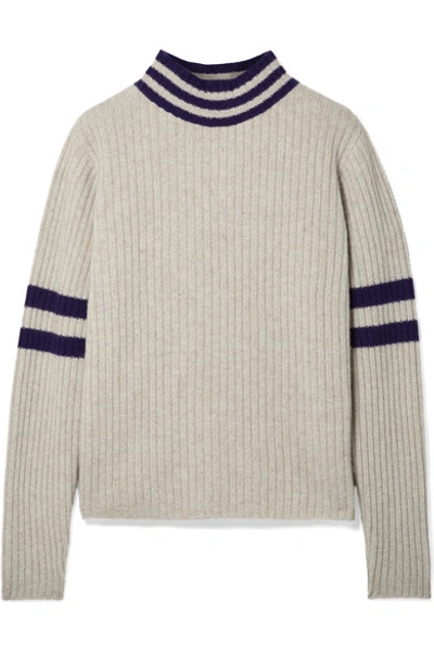 Shop The Elder Statesman Odyssey Striped Ribbed Cashmere Turtleneck Sweater In Beige