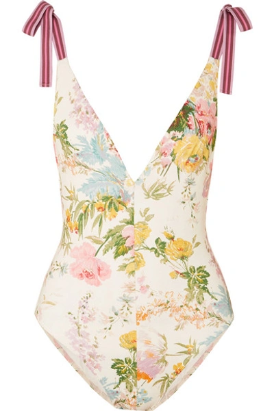 Shop Zimmermann Heathers Grosgrain-trimmed Floral-print Swimsuit In Cream