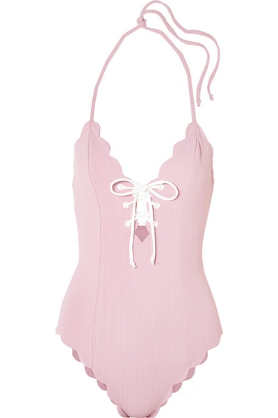 Shop Marysia Broadway Lace-up Scalloped Halterneck Swimsuit In Pastel Pink