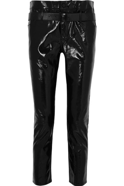 Shop Rta Alastair Belted Patent-leather Slim-leg Pants In Black