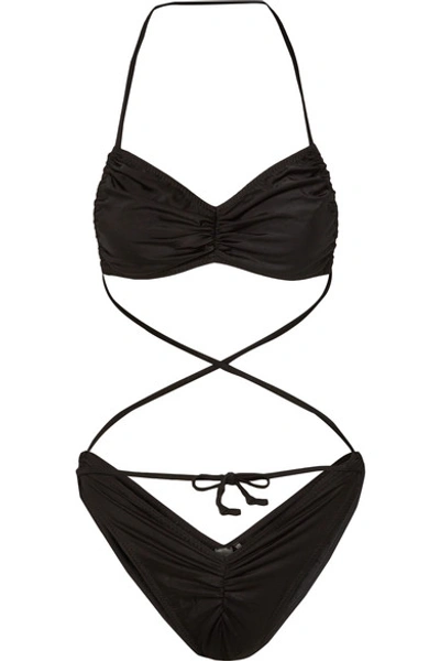 Shop Norma Kamali Butterfly Ruched Halterneck Bikini In Black