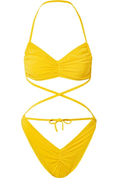 Shop Norma Kamali Butterfly Ruched Halterneck Bikini In Yellow