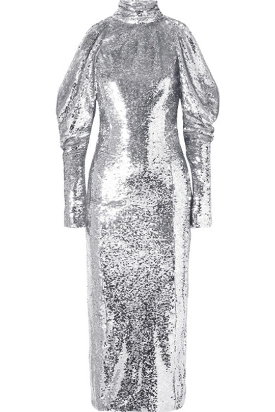 Shop 16arlington Cold-shoulder Sequined Tulle Turtleneck Midi Dress In Silver