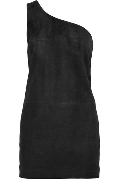 Shop Saint Laurent One-shoulder Suede Mini Dress In Black