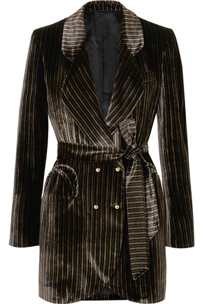 Shop Blazé Milano Sunshine Belted Striped Velvet Mini Dress In Black