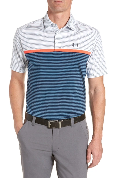 Shop Under Armour 'playoff' Loose Fit Short Sleeve Polo In White/ Bass Blue/ Rhino Grey