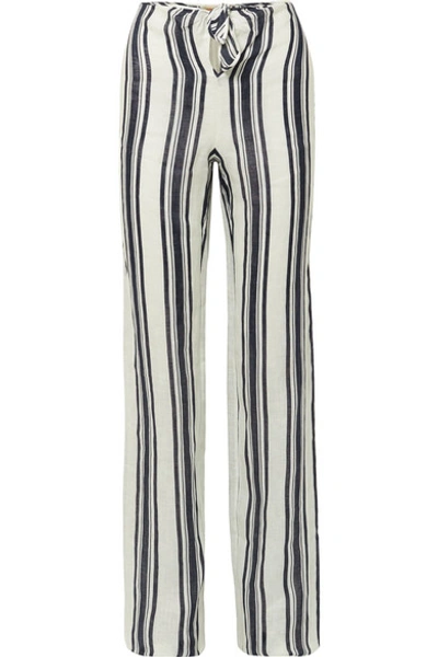 Shop Tory Burch Awning Tie-front Striped Linen Wide-leg Pants In Navy