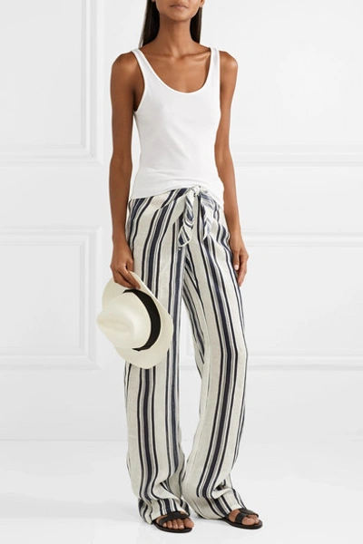 Shop Tory Burch Awning Tie-front Striped Linen Wide-leg Pants In Navy