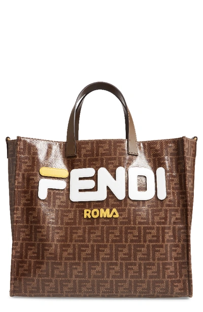 Shop Fendi X Fila Mania Logo Tess Shopper - Brown In Mohogany Panna/ White/ Yellow