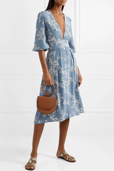 Shop Faithfull The Brand Chloe Tie-detailed Floral-print Crepe Midi Dress In Light Blue
