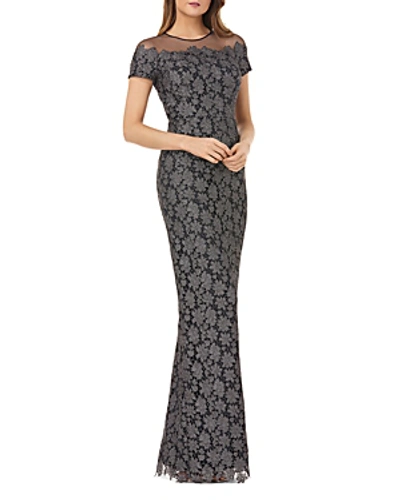 Shop Js Collections Illusion Lace Gown In Gunmetal