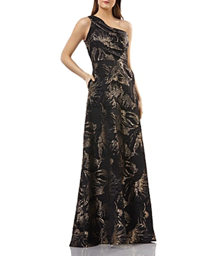 Shop Carmen Marc Valvo Infusion One-shoulder Brocade Gown In Black/gold