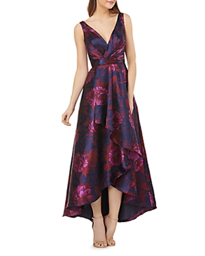 Shop Carmen Marc Valvo Infusion High/low Floral Ball Gown In Fuchsia/navy