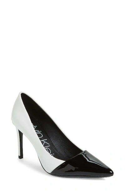 Shop Calvin Klein Roslyn Pointed Toe Pump In White/ Black Patent Leather
