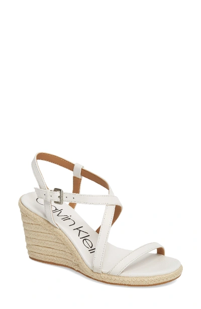 Shop Calvin Klein Bellemine Espadrille Wedge Sandal In Platinum White Pebble Leather