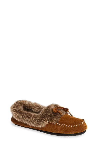 Shop Acorn Faux Fur Trim Moccasin Indoor/outdoor Slipper In Cognac Suede