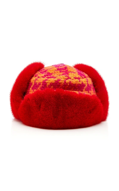 Shop Albertus Swanepoel Exclusive Marley Checked Wool And Fox Fur Hat In Red