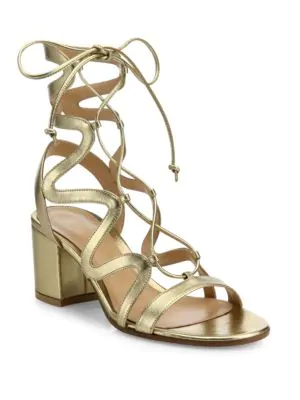 gold lace up block heels