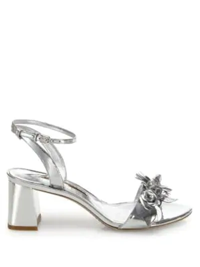 Shop Sophia Webster Lilico Floral-embellished Metallic Leather Block Heel Sandals In Silver