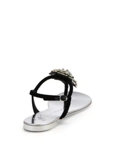 Shop Giuseppe Zanotti Swarovski Crystal Rose T-strap Velvet Sandals In Argento