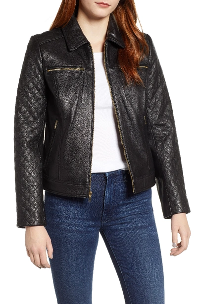 Shop Cole Haan Quilted Lambskin Leather Jacket In Black