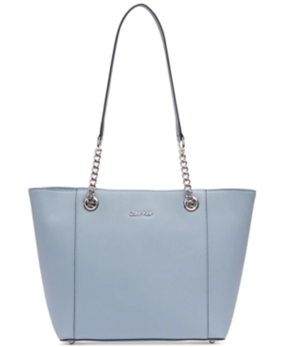 Shop Calvin Klein Hayden Saffiano Leather Large Tote In Twilight Blue/silver