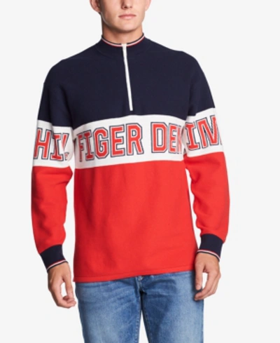 Shop Tommy Hilfiger Denim Men's Half-zip Graphic Sweater In Iris / Risk Red