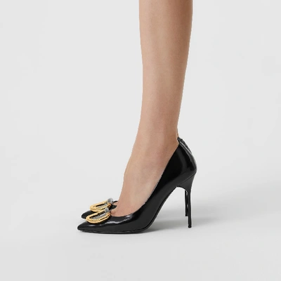 Shop Burberry The Leather D-ring Stiletto In Black/gold