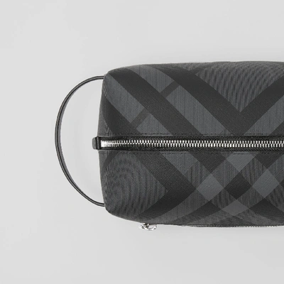 Shop Burberry Ekd London Check And Leather Pouch In Charcoal/black