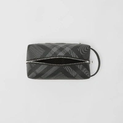 Shop Burberry Ekd London Check And Leather Pouch In Charcoal/black