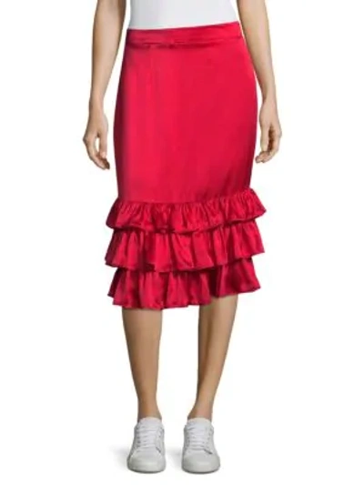 Shop Maggie Marilyn Billi Mac Silk Ruffle-hem Skirt In Cherry Red