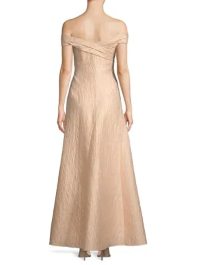 Shop Aidan Mattox Off-the-shoulder Jacquard Long Dress In Light Mink