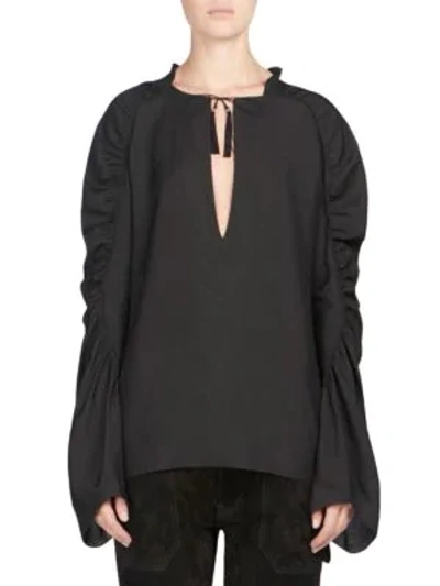 Shop Saint Laurent Ruched Split Neck-tie Blouse In Black