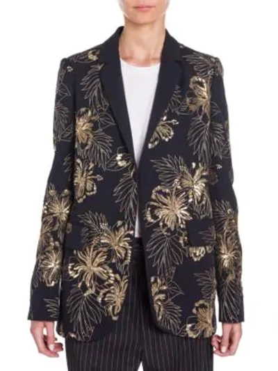 Shop Stella Mccartney Embroidered Wool Boyfriend Blazer In Ink