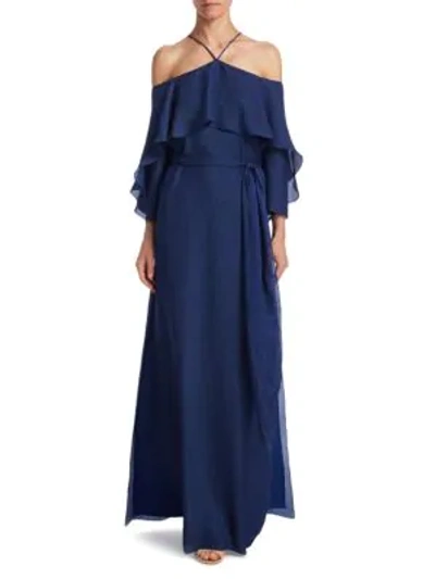 Shop Halston Heritage Flounce Cold-shoulder Gown In Navy