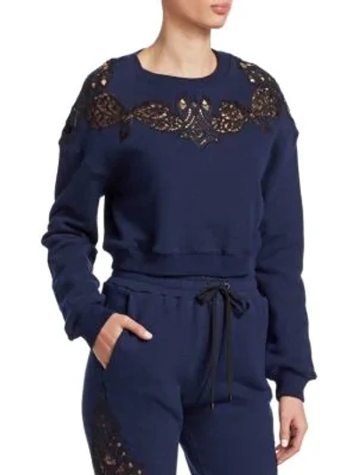 Shop Jonathan Simkhai Lace Embroidery Crop Sweatshirt In Navy Black