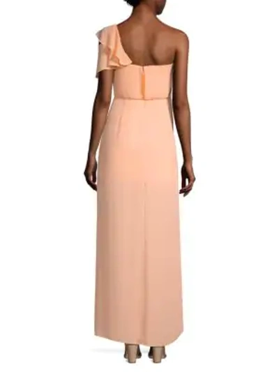 Shop Bcbgmaxazria Ruffle One-shoulder Gown In Coral Pink