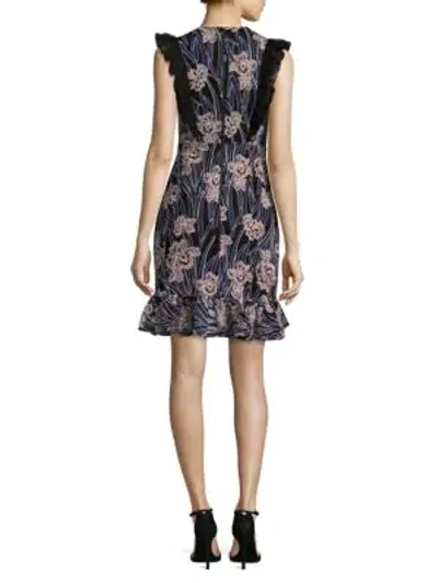 Shop Three Floor Paradiso Floral Ruffle Fitted Dress In Navy Print