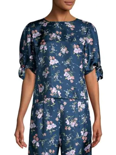 Shop Rebecca Taylor Emilia Floral Short Sleeve Tie Top In Oatmeal Teal