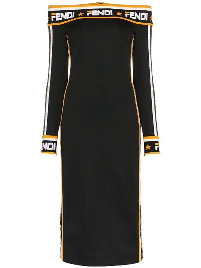 Shop Fendi Abito Off The Shoulder Logo Trim Midi Dress In F0gme-black