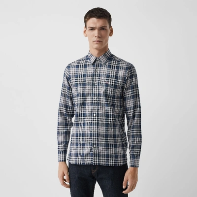 Shop Burberry Check Cotton Shirt In Pewter Blue