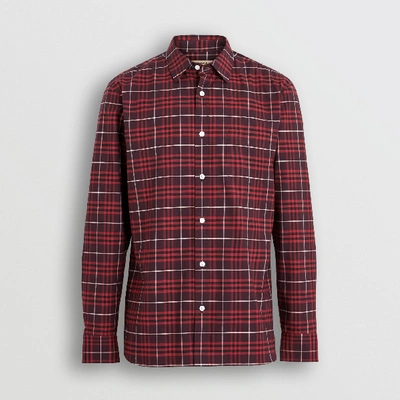 Shop Burberry Check Stretch Cotton Shirt In Maroon
