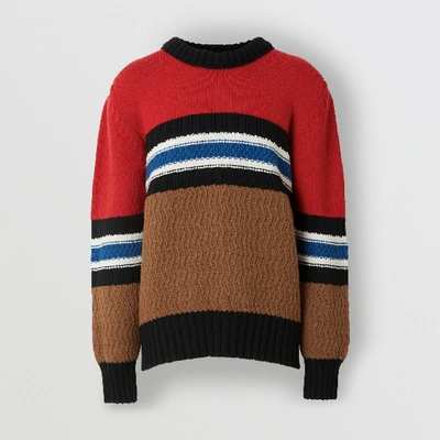 Shop Burberry Striped Wool Cashmere Sweater In Bright Red