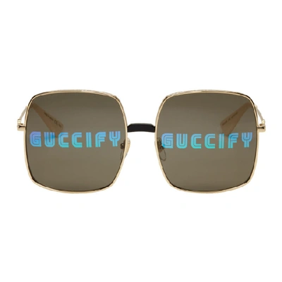 Shop Gucci Gold Oversized Rectangular Sunglasses In 002 Endgld