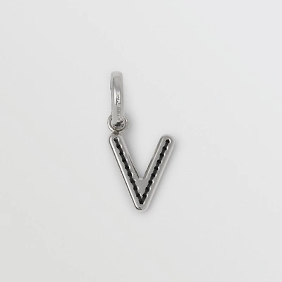 Shop Burberry Leather-topstitched ‘v' Alphabet Charm In Palladio/black