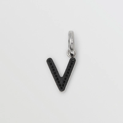 Shop Burberry Leather-topstitched ‘v' Alphabet Charm In Palladio/black