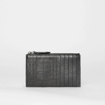 Shop Burberry Perforated Check Leather Zip Card Case In Black